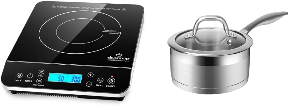 Duxtop Portable Induction Cooktop, Countertop Burner, Silver 9600LS/BT-200DZ & Professional Stainless Steel Sauce Pan with Lid, Kitchen Cookware, 1.6 Quart