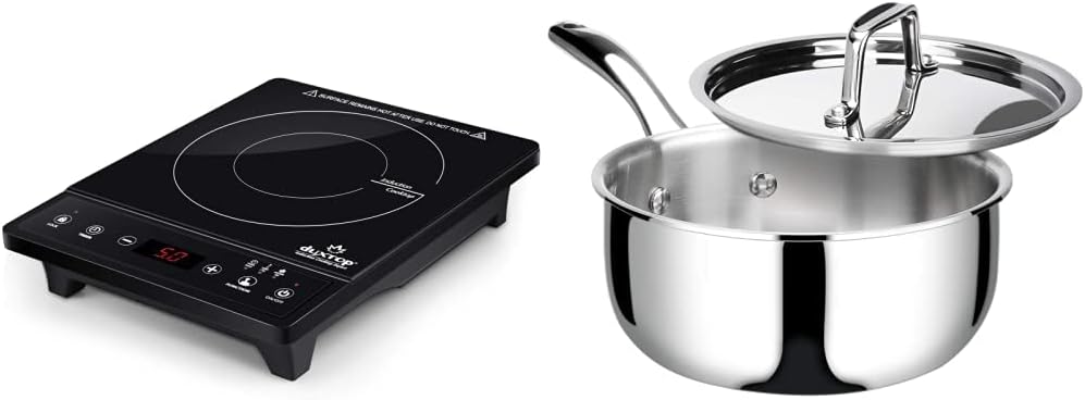 Duxtop Portable Induction Cooktop, 1800W 8500ST E210C2 & Whole-Clad Tri-Ply Stainless Steel Saucepan with Lid, 3 Quart, Kitchen Induction Cookware