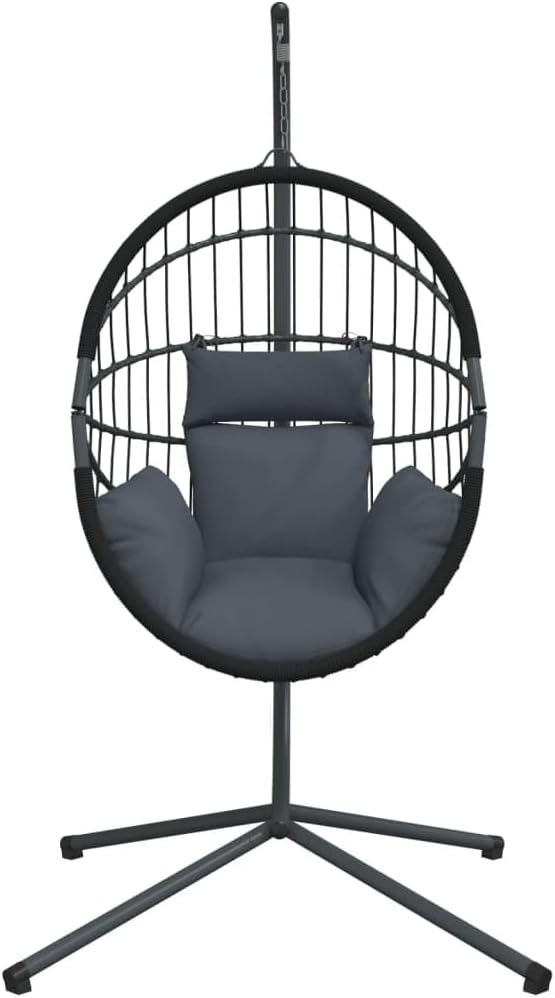 vidaXL Hanging Egg Chair with Stand - Anthracite Rattan and Steel Frame, Cushions Included - Ultimate Indoor/Outdoor Relaxing Seat, Garden, Patio, Living Room Decor, Maximum Load 330.7 lb
