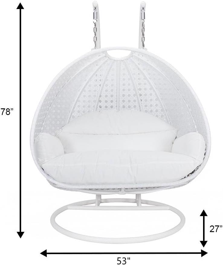 LeisureMod 2 Person Hanging Egg Chair, Indoor Outdoor Patio Lounge Swing with White Stand & UV-Resistant Cushions, Hammock Chair for Bedroom & Garden, White