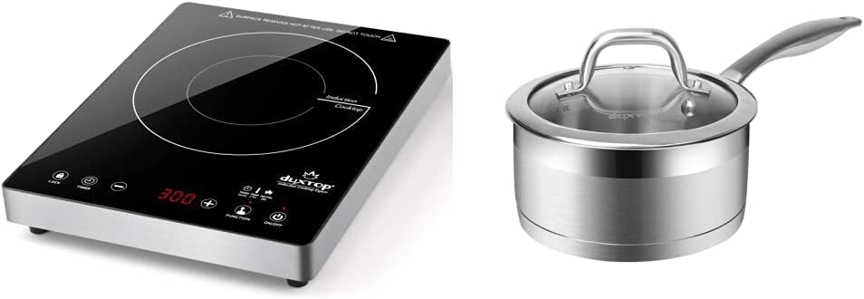 Duxtop Portable Induction Cooktop, 1800W Countertop Burner with Stainless Steel Housing, E200A, Black & Professional Stainless Steel Sauce Pan with Lid, Kitchen Cookware,1.6 Quart