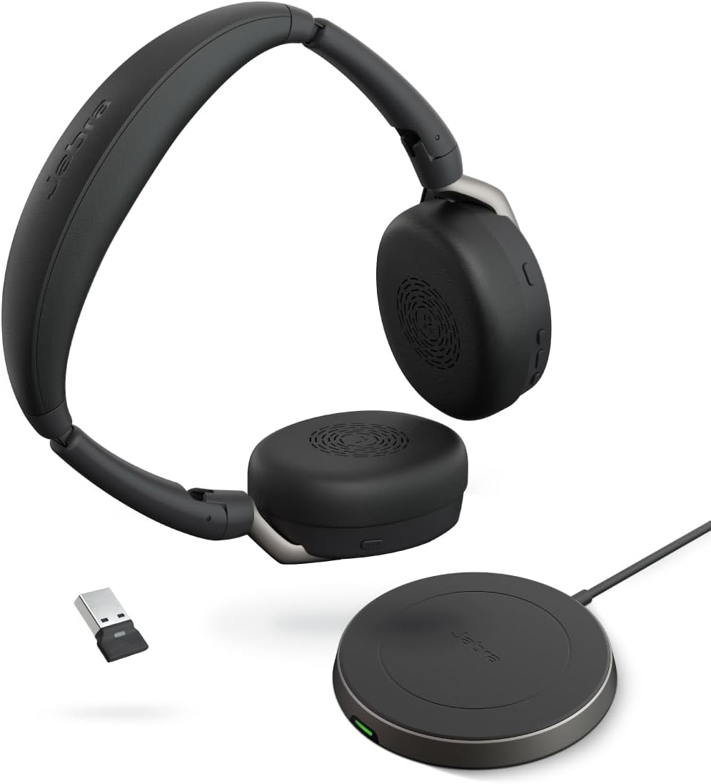 Jabra Evolve2 65 Flex Stereo Headset with Bluetooth, Wireless Charging Pad - Noise-Cancelling ClearVoice Technology & Hybrid Active Noise Cancellation - Certified for Microsoft Teams - Black