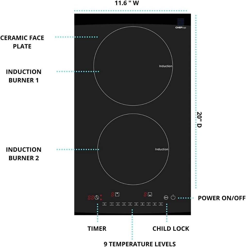 Cheftop Induction Cooktop Portable Induction Burners 120V Digital Ceramic Top with Kids Safety Lock,1800 Watt, Touch Sensor Control Multiple Cooking Zones & Levels (Double Vertical + Pan)