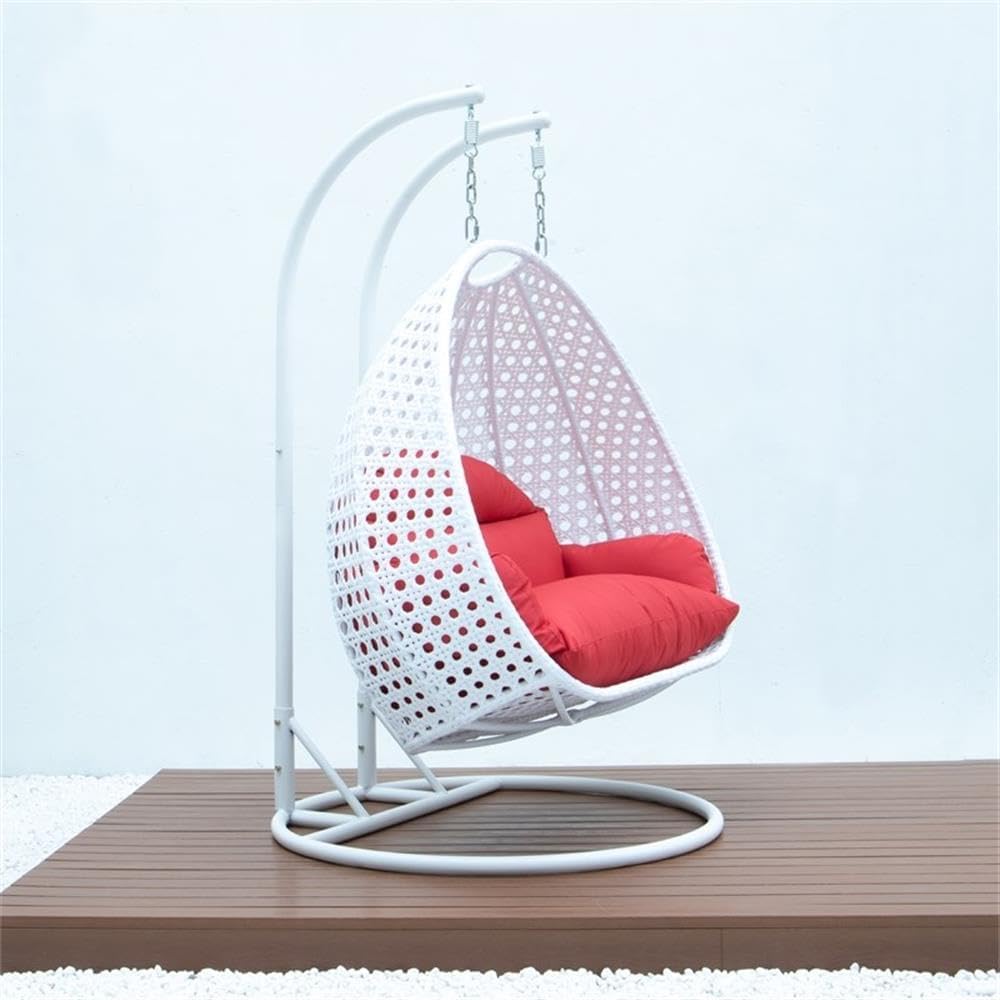 LeisureMod 2 Person Hanging Egg Chair, Indoor Outdoor Patio Lounge Swing with White Stand & UV-Resistant Cushions, Hammock Chair for Bedroom & Garden, Red