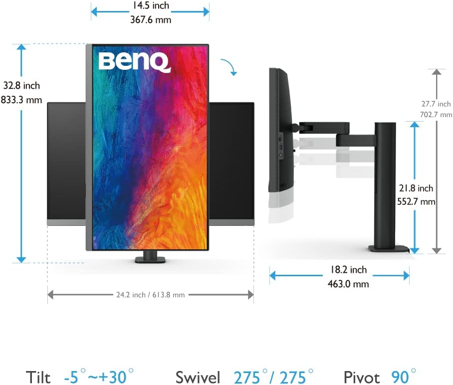 BenQ PD2706UA Ergo Arm Mac-Ready 27' 4K UHD, 95% P3, 99% Rec.709 & sRGB, IPS, Built-in Ergo Arm, ICCSync, Uniformity, Delta E≤3, Factory-Calibrated, AQCOLOR, Pantone, USB-Hub, USB-C (90W)