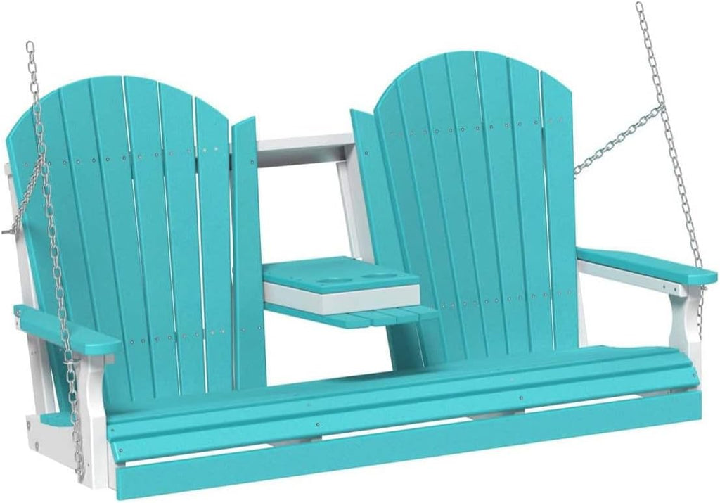 LuxCraft 5' Adirondack Hanging Front Porch Swing with Flip Down Console, Seats Up to 3, Outdoor Patio Swing Bench for Outside (Aruba Blue/White)