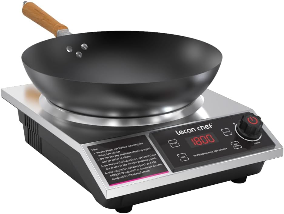 leconchef Induction Cooker with Wok 1800W Professional Electric Induction Burner with 11-Level Setting for Cooking,24-hour Timer and Preset,Keep warm,14' Carbon Steel Wok Included