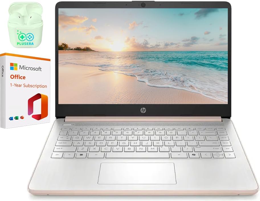 HP 14' LED Business Laptop Computer, Intel Quad-Core N150 Processor, Windows 11 S & 1-Year Microsoft Office 365 Included, PLUSERA Earphones (Rose Gold, 16GB RAM | 640GB Storage)
