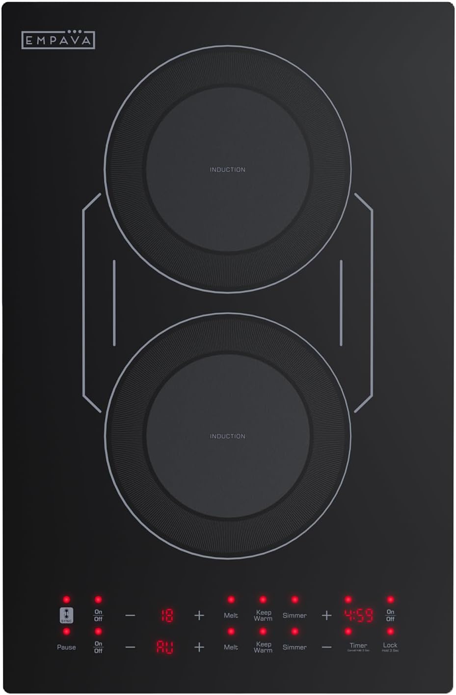 Empava Double/Dual Induction Cooktop 2 Burner, Shatter-proof Flat Glass Top, Bridge-SYNC, 3 Preset Modes, Bulit-in/Countertop, 110~120 Volt Plug in Electric Stove for Kitchen, RV, Outdoor Camping