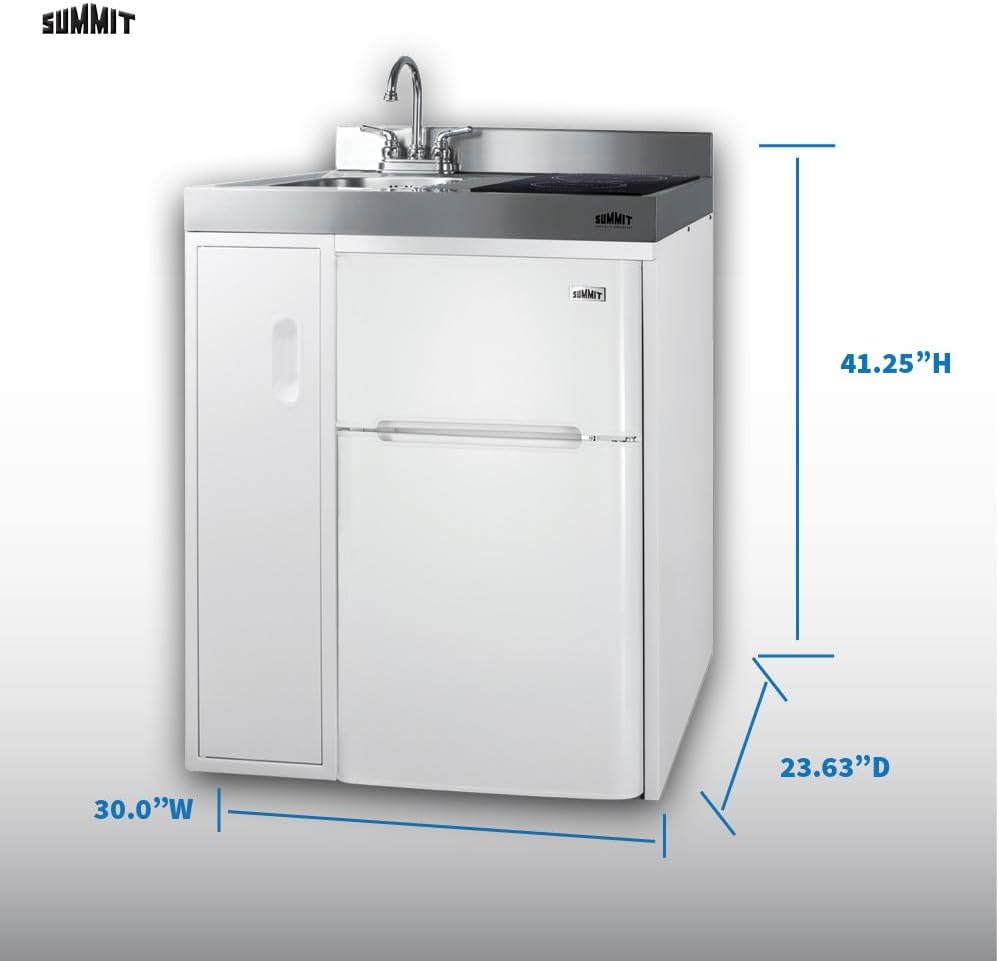Summit 30' Wide All-In-One Kitchenette, 2-Door Refrigerator-Freezer, 2-Burner Induction Cooktop, Sink, and Storage, White- C30IND