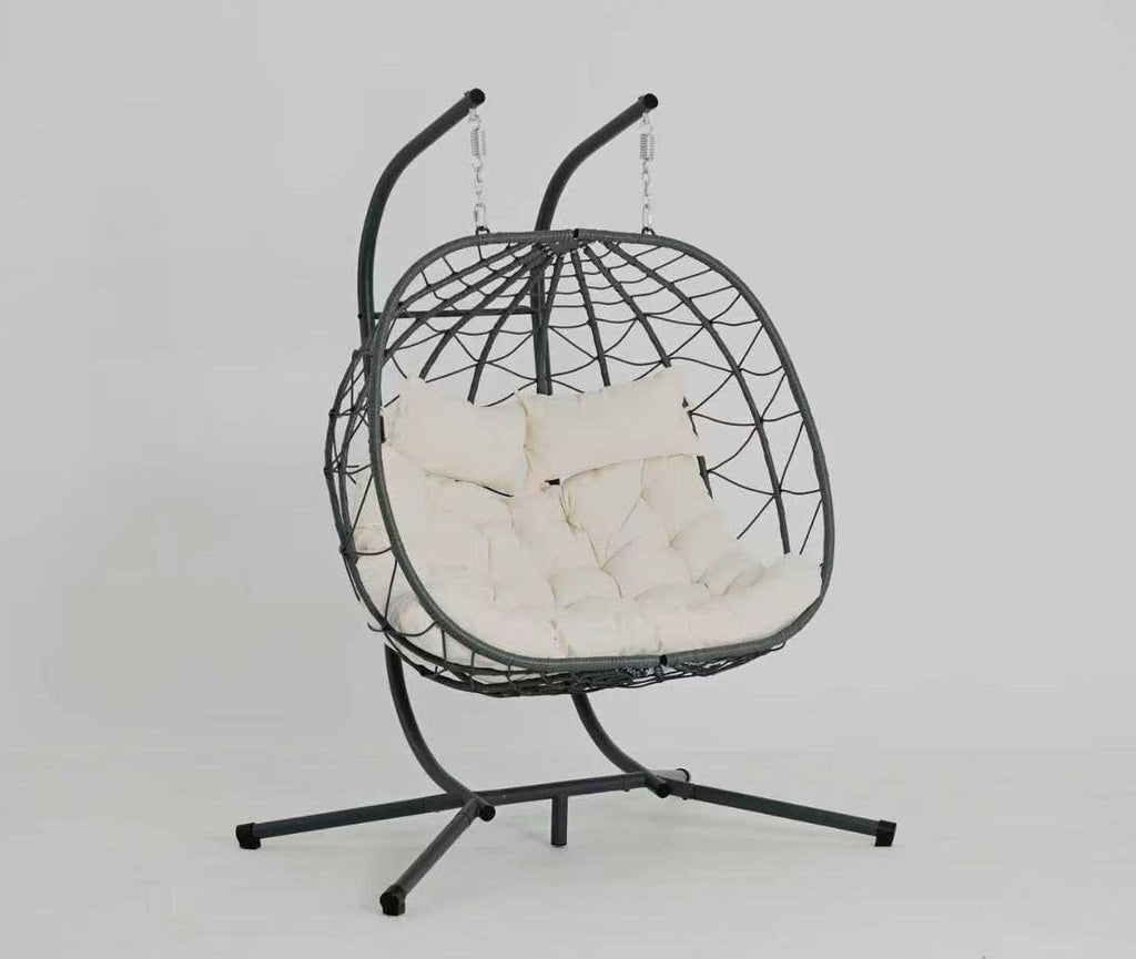 2 - Person Hanging Egg Chair with Stand, Steel Frame, for Outdoor & Indoor Use Double Wicker Egg Chair for Patio, Garden, or Balcony, Beige Cushion