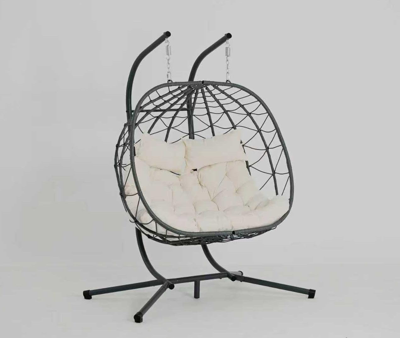 2 - Person Hanging Egg Chair with Stand, Steel Frame, for Outdoor & Indoor Use Double Wicker Egg Chair for Patio, Garden, or Balcony, Beige Cushion