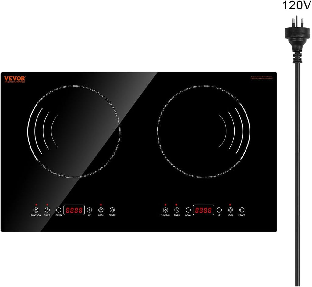 VEVOR Induction Cooktop, 1800W Electric Countertop Burner with 9 Power Settings, 2 Burner Touch Control Stove, Built-in Induction Cooktop, Include 99-Min Timer, Child Safety Lock, Glass Surface