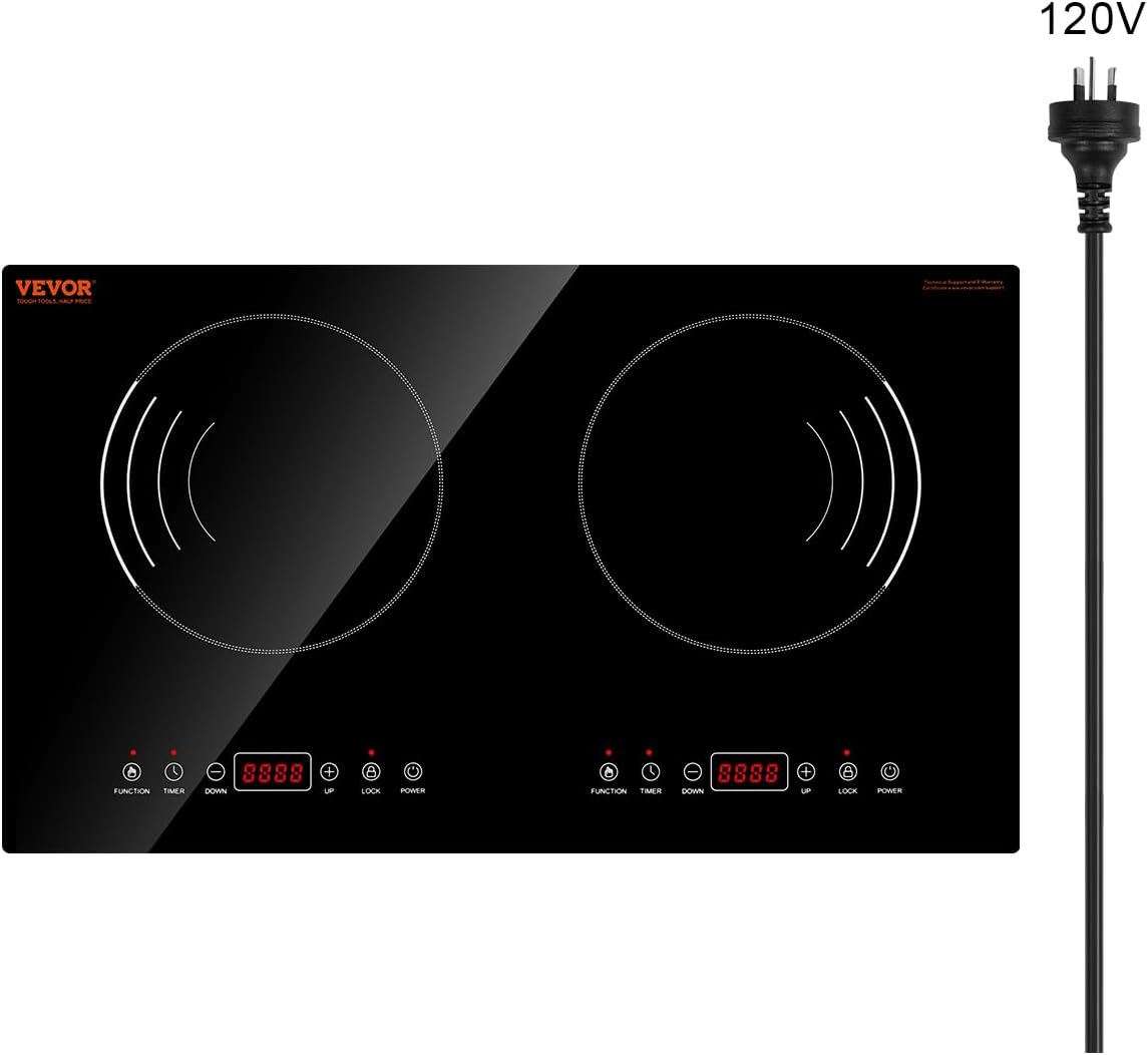 VEVOR Induction Cooktop, 1800W Electric Countertop Burner with 9 Power Settings, 2 Burner Touch Control Stove, Built-in Induction Cooktop, Include 99-Min Timer, Child Safety Lock, Glass Surface