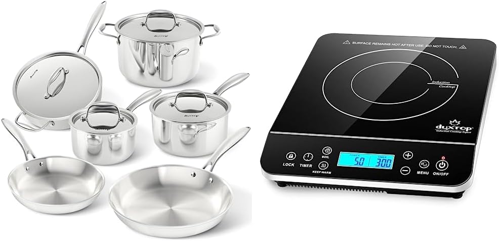 Duxtop Whole-Clad Tri-Ply Stainless Steel Cookware Set, 10PC & Portable Countertop Burner Induction Hot Plate with LCD Sensor Touch, 1800 Watts, Silver
