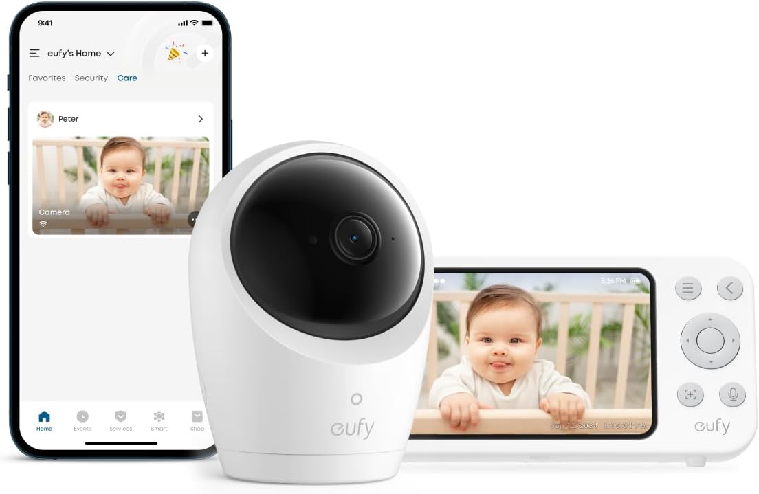 eufy Security Baby Monitor E20 with 2K HD Camera, 5'' 720p Display, Hybrid Wi-Fi & No Wi-Fi Connection, Pan-Tilt, 4X Zoom, Portable Camera with Built-in Battery, 24/7 Recording in App, ANR