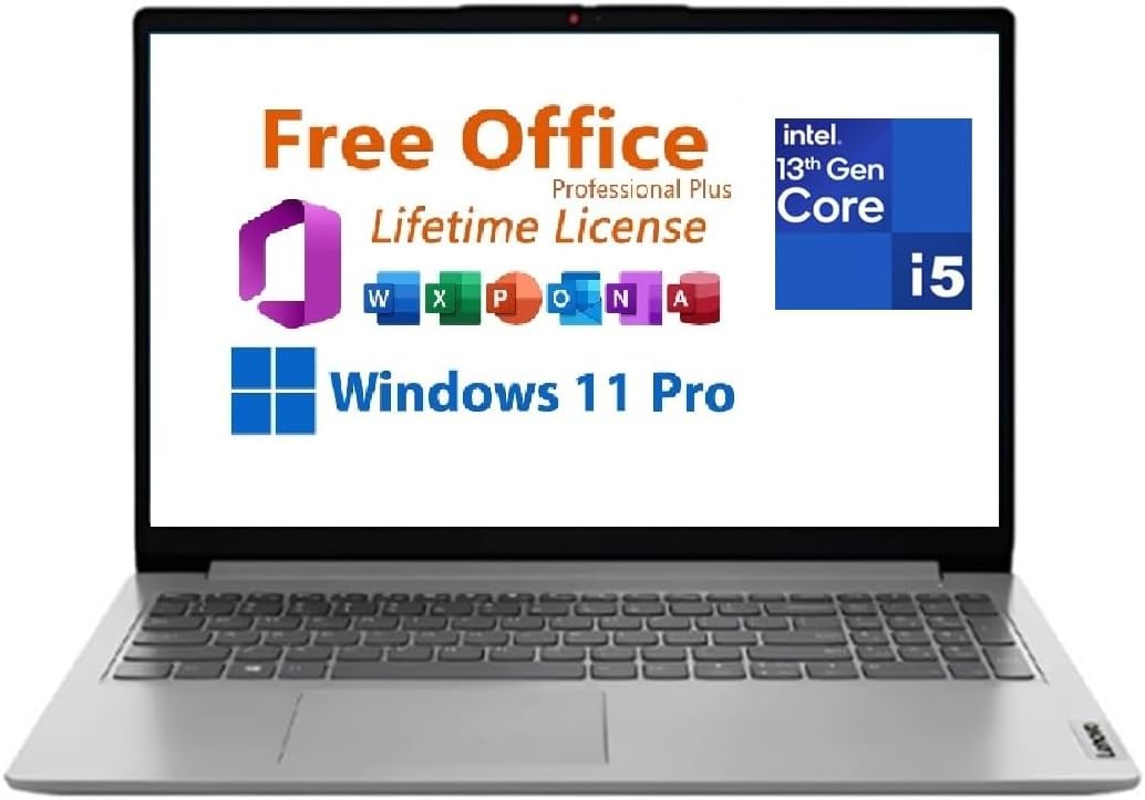 Lenovo IdeaPad 1i 15.6' FHD Laptop,with Lifetime Office,Intel Core i5-1335U, 16GB RAM, 512GB SSD,Intel Iris Xe Graphics,Wi-Fi 6,10 Hr Battery Win 11 Pro, Cloud Grey,