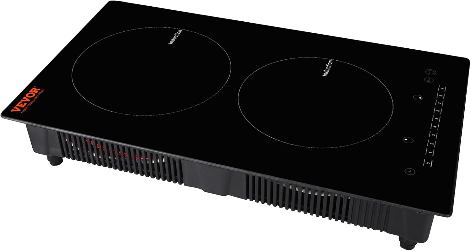 VEVOR Electric Cooktop, 2 Burners, 12'' Induction Stove Top, Built-in Magnetic Cooktop 1800W, 9 Heating Level Multifunctional Burner, LED Touch Screen w/Child Lock & Over-Temperature Protection