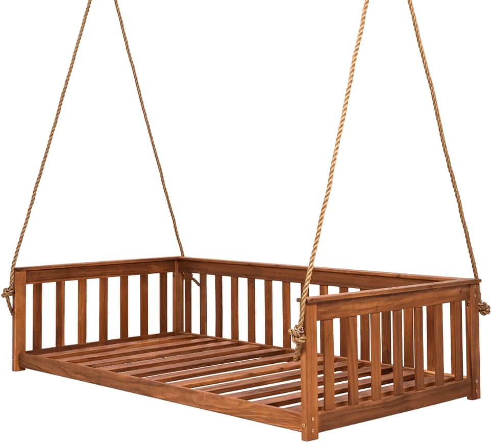East Green Charleston Twin Outdoor Porch Swing Bed with Ropes - Acacia Wood Bed Swing in Natural Finish