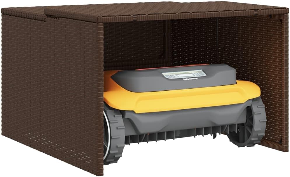 vidaXL Robot Mower Garage, Outdoor Lawn Mower Storage, Garden Storage Small Shed for Lawn Mower, Robot Mower Carport, Lawn Mower Shelter, Brown Poly Rattan
