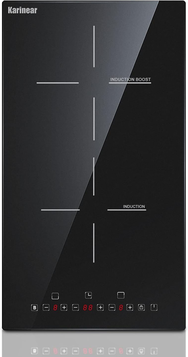 Karinear 12 Inch Induction Cooktop 2 Burner Drop In Electric Cooktop, Induction Stove Top Ceramic Glass with Booster, Child Lock, Timer, Pause function, 220-240V, 3500W, Hard Wire(No Plug)