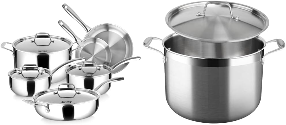 Duxtop Whole-Clad Tri-Ply Stainless Steel Induction Cookware Set, 10PC Kitchen Pots and Pans Set & Whole-Clad Tri-Ply Stainless Steel Stockpot with Lid, 8 Quart, Kitchen Induction Cookware