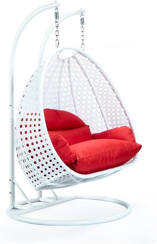 LeisureMod 2 Person Hanging Egg Chair, Indoor Outdoor Patio Lounge Swing with White Stand & UV-Resistant Cushions, Hammock Chair for Bedroom & Garden, Red