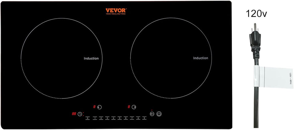 VEVOR Electric Cooktop, 2 Burners, 24'' Induction Stove Top, Built-in Magnetic Cooktop 1800W, 9 Heating Level Multifunctional Burner, LED Touch Screen w/Child Lock & Over-Temperature Protection