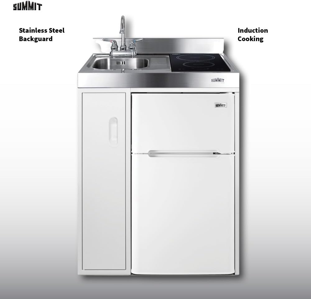 Summit 30' Wide All-In-One Kitchenette, 2-Door Refrigerator-Freezer, 2-Burner Induction Cooktop, Sink, and Storage, White- C30IND
