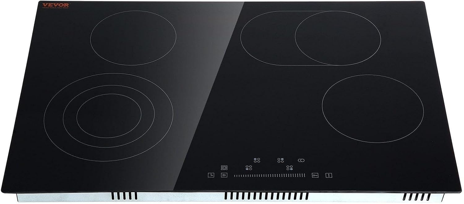 VEVOR Built in Electric Stove Top, 30 inch 4 Burners Ceramic Cooktop, 240V Glass Radiant Cooktop with Sensor Touch Control, Timer & Child Lock Included, 9 Power Levels for Simmer Steam Slow Cook Fry