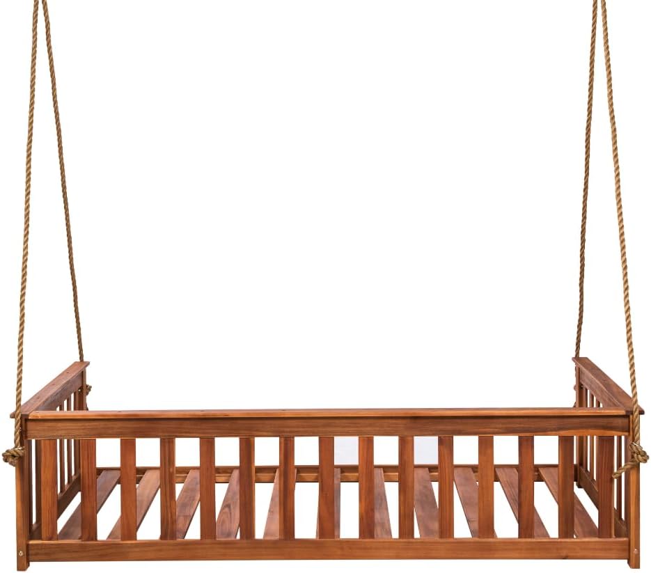 East Green Charleston Twin Outdoor Porch Swing Bed with Ropes - Acacia Wood Bed Swing in Natural Finish