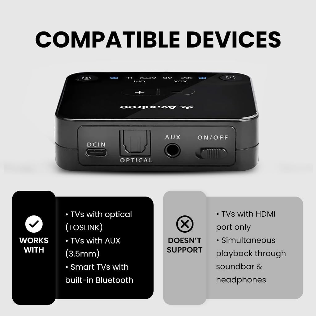 Avantree HT41899 Plus - Dual Qualcomm-Powered Bluetooth 5.3 Headphones & Transmitter for Wireless TV Watching with aptX Adaptive, Individual Volume Controls, Optical Support, 50hr