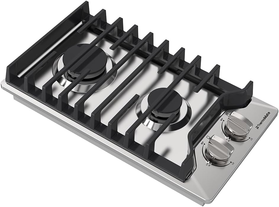 12 Inch Gas Cooktop, ThermoMate Heavy Built In Gas Rangetop with 2 High Efficiency SABAF Burners, NG/LPG Convertible 304 Stainless Steel Stove Top with Flame Out Protection, CSA Certified