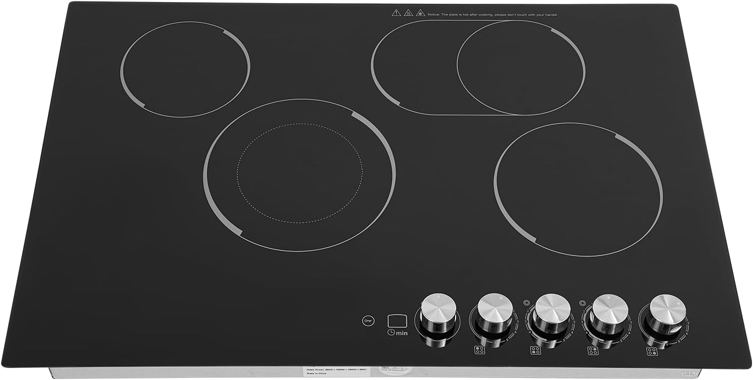 4-Burner Cooktop 110V Electric Stove Top with Independent Knob Child Lock 4 Power Levels Ceramic Cooktop for Kitchens, No Plug (30Inch)