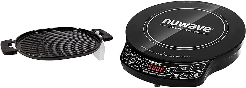 Nuwave Cast Iron Grill With Enameled Non-Stick Coating, Designed For The Precision Induction Cooktop Black 16.3' x 10.4' x 0.7' & Flex Precision Induction Cooktop, Portable, Large 6.5' Heating