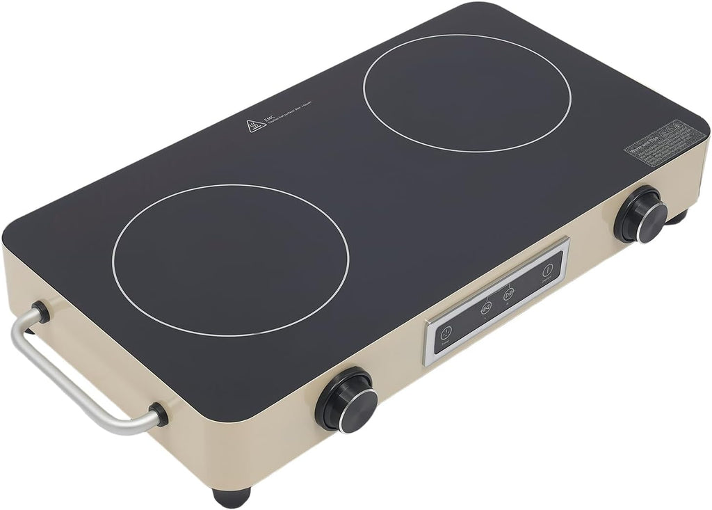 Double-Burner Electric Cooktop, Portable Double Induction Cook-top, 1100w Countertop Double Burner Ceramic Cooktop with 99min Timing Function, Child-Lock, Overheat Protection (Cream Yellow)
