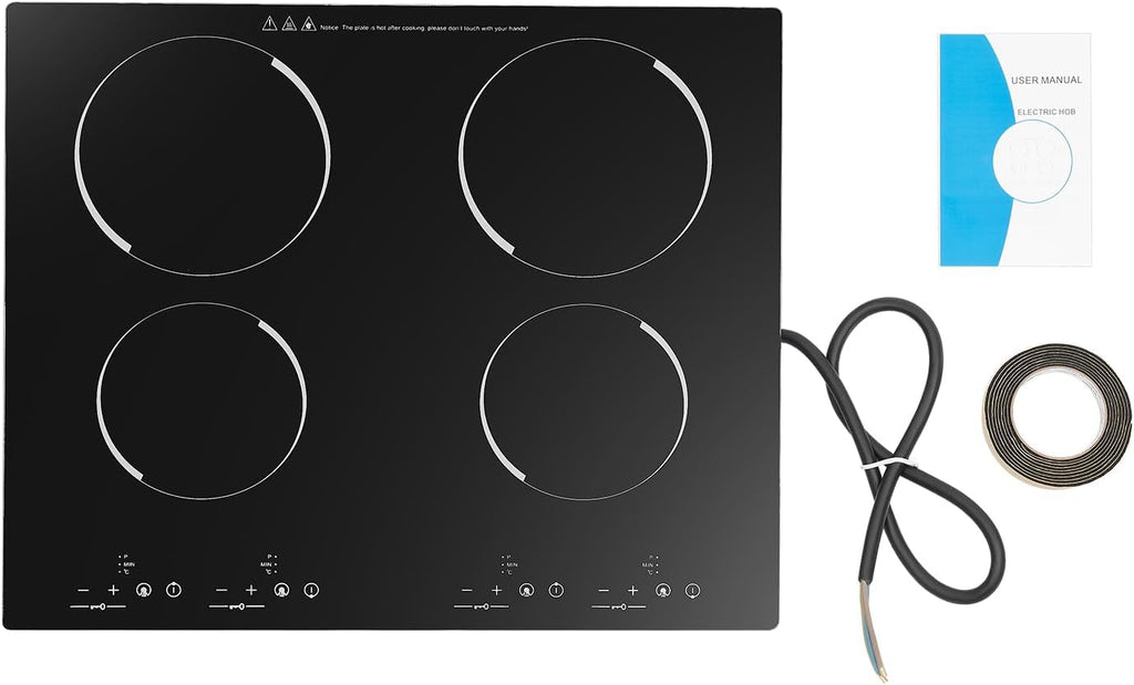 4 Burner Electric Cooktop 110v, 23 Inch Portable Stove Cooktop with LED Display, Child Safety Lock and Timer, 3000W 9 Power Level Electric Ceramic Built-in Stove Top, Hard Wire (No Plug)