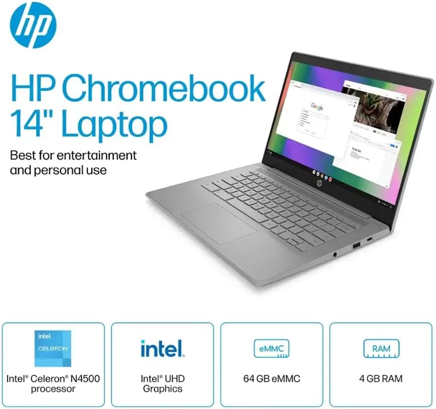 HP Chromebook 14'' HD Laptop, Student and Business Laptop, Intel Celeron N4500, 4GB RAM, 64GB eMMC, Long Battery Life, Fast Charge, Chrome OS, Gray, 14a-ne1013dx