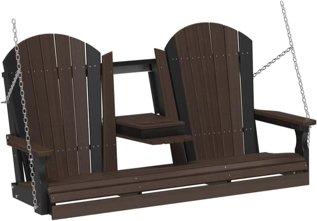 LuxCraft 5' Adirondack Hanging Front Porch Swing with Flip Down Console, Seats Up to 3, Outdoor Patio Swing Bench for Outside (Brazilian Walnut & Black)