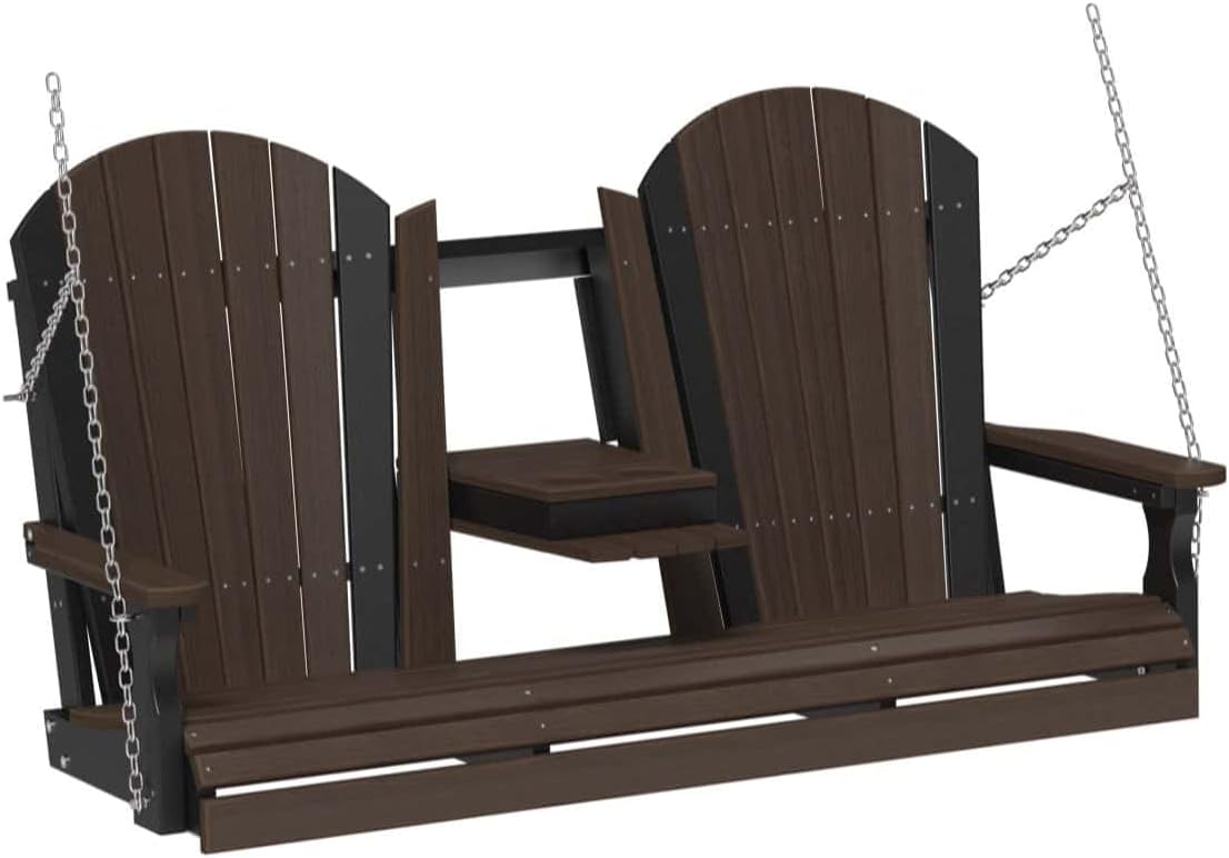LuxCraft 5' Adirondack Hanging Front Porch Swing with Flip Down Console, Seats Up to 3, Outdoor Patio Swing Bench for Outside (Brazilian Walnut & Black)