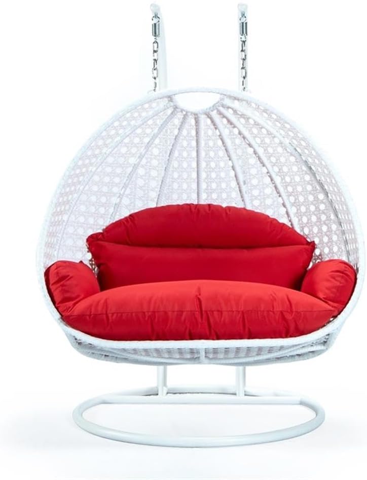 LeisureMod 2 Person Hanging Egg Chair, Indoor Outdoor Patio Lounge Swing with White Stand & UV-Resistant Cushions, Hammock Chair for Bedroom & Garden, Red