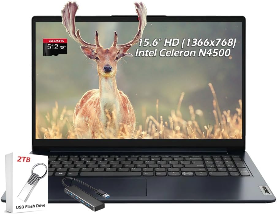 Lenovo Ideapad 1 15.6' HD Student Laptop, Intel Celeron N4500 2-Core, 20GB DDR4, 128GB eMMC + 512GB Card, Webcam, WiFi6, Bluetooth, Window11, Abyss Blue, w/2TB Flash Drive & USB 3.0 Hub, W/GaLiMu