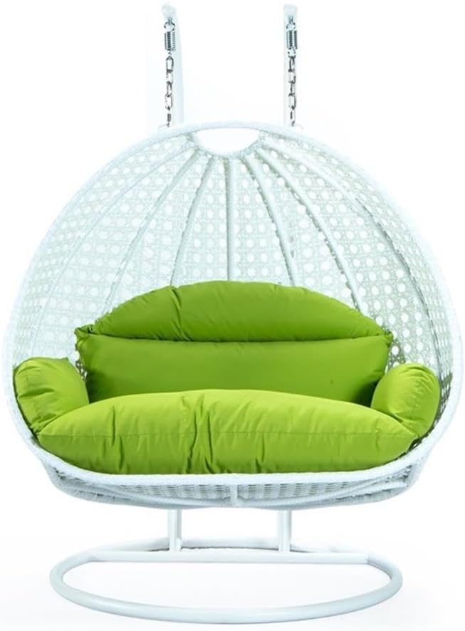 LeisureMod 2 Person Hanging Egg Chair, Indoor Outdoor Patio Lounge Swing with White Stand & UV-Resistant Cushions, Hammock Chair for Bedroom & Garden, Light Green