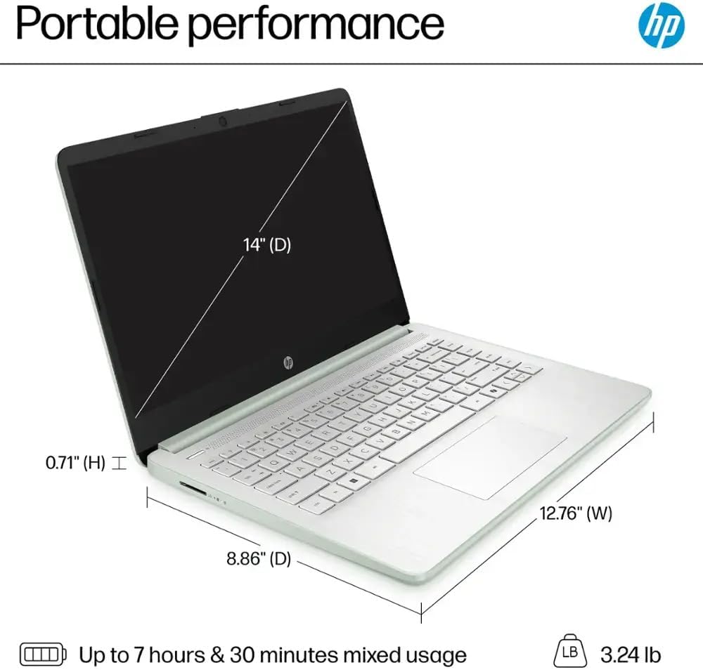 HP 14 Laptop Ultra Thin & Light, Intel N150 Quad-Core Processor, 16G RAM, 128GB SSD, HDMI, USB-C, WiFi 6, SD Card Reader, Microsoft Office 365 Included, Windows 11, Green, XtreDura Accessories