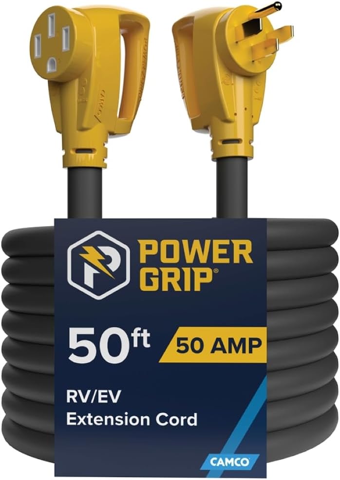 Camco Power Grip 50-Ft 50 Amp RV Extension Cord - Rated for 125/250 V/12,500 W - Features Copper 6/3 + 8/1-Gauge Wires for Superior Conductivity & Coated w/Heat-Resilient PVC (55199)