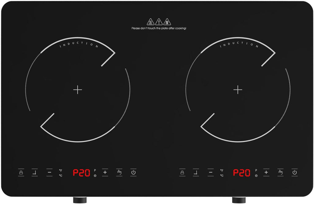 Double Induction Cooktop, 2 Burner Induction Burner 20 Temperature & Power Levels Portable Electric Stove Countertop Burners, Knob Control, Child Safety Lock & 4H Timer, Auto Shut-Off