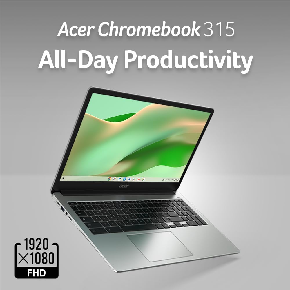 acer Chromebook 315, 15.6' FHD (1920 x 1080) IPS Display Laptop, Intel Celeron N4500, 4GB RAM, 128GB Storage (64GB eMMC + 64GB SD), Webcam, Chrome OS, Sparkly Silver, Protective Sleeve Included