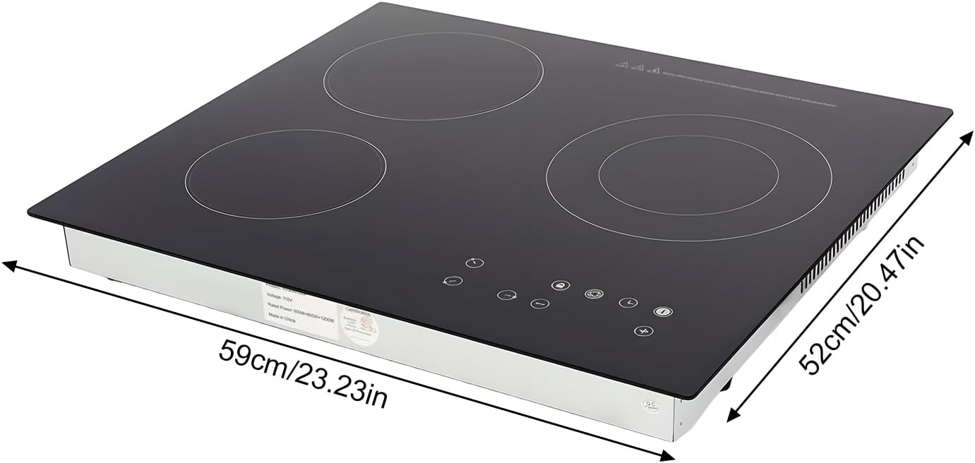 Electric Ceramic Cooktop 3 Burners Induction Cooktop, 110v Radiant Stove Top with Timer, 2600w Electric Stove for Glass Pans, Sensor Touch Controls, 9 Heating Level with Child Safety Lock (No Plug)