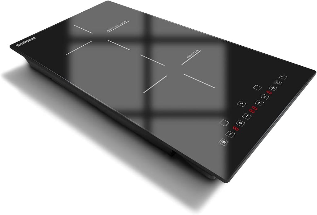 Karinear 12 Inch Induction Cooktop 2 Burner Drop In Electric Cooktop, Induction Stove Top Ceramic Glass with Booster, Child Lock, Timer, Pause function, 220-240V, 3500W, Hard Wire(No Plug)