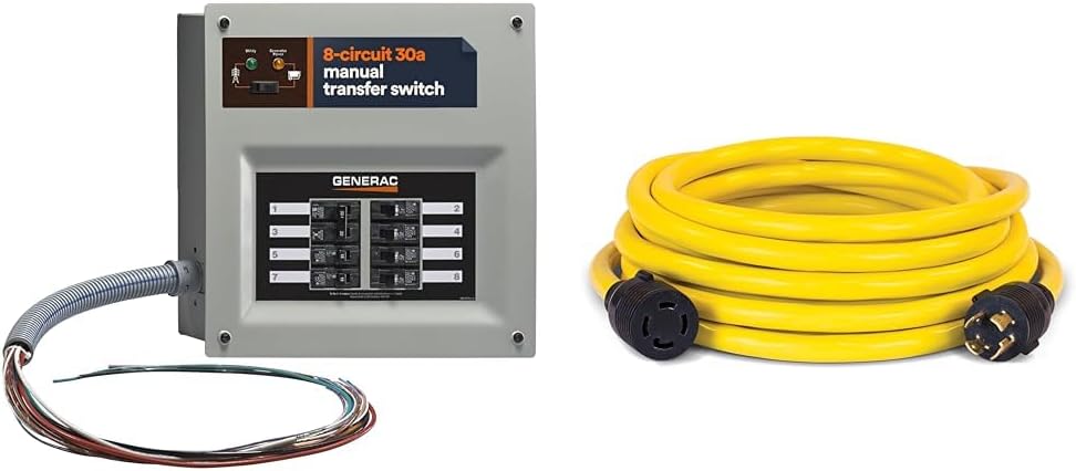 Generac 6853 HomeLink Upgradeable 30 Amp Transfer Switch Kit - Reliable Power & Champion 25-Foot 30-Amp 250-Volt Generator Power Cord for Manual Transfer Switch (L14-30P to L14-30R)